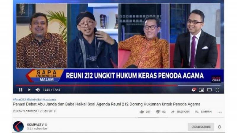 Channel Youtube Kompas TV Pegiat Media Sosial, Permadi Arya alias Abu Janda termasuk dalam tiga tokoh yang kini dianggap tengah menistakan agama. (tribun)