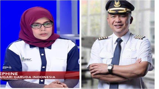 Pramugari Garuda Indonesia Yosephine (kiri), Ari Askhara (kanan). (Foto: Gelora.co)