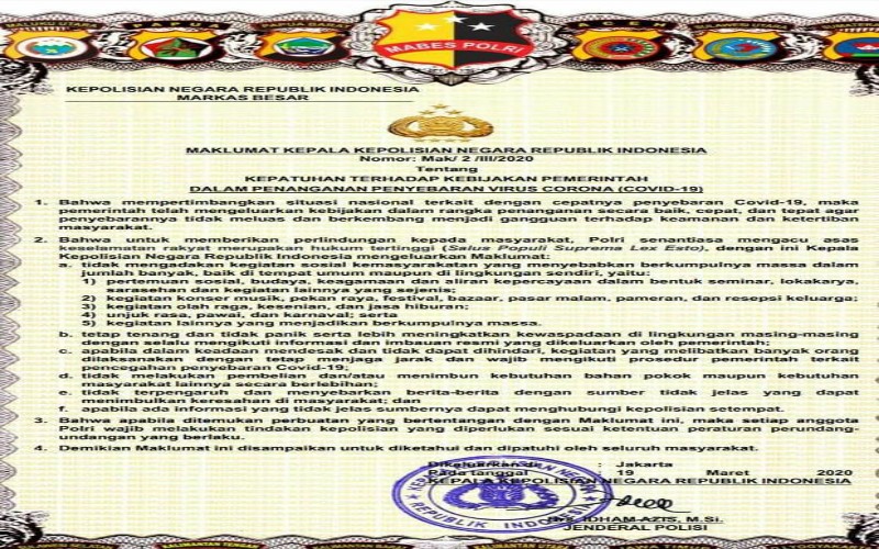 Foto: Maklumat Kapolri terkait wabah Corona (detik.com)