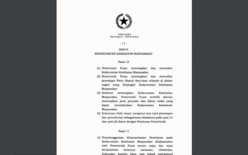 ilustrasi / Salinan surat Istana tentang Kekarantinaan Kesehatan (Bisnis Indonesia)