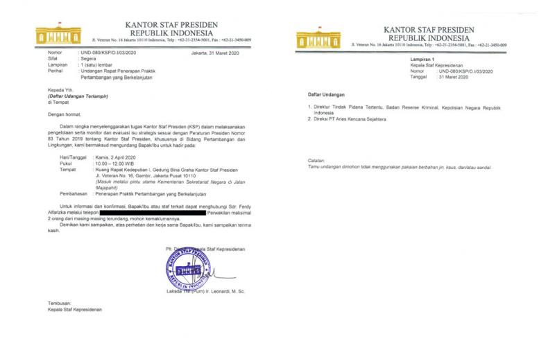 Surat undangan Kantor Staf Presiden kepada pengusaha tambang timah PT AKS dan Bareskrim Mabes Polri (Foto:Repro/Law-Justice)