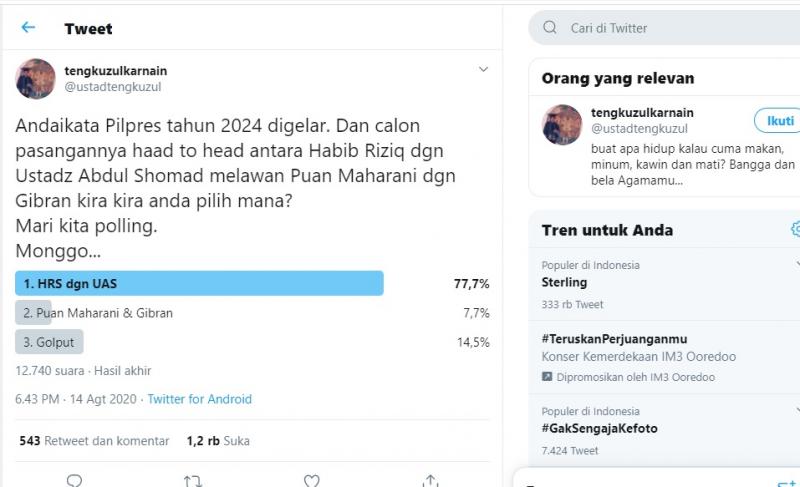 Polling Ust Tengku: Puan-Gibran Kalah Telak Lawan HRS-UAS di 2024. (twitter).