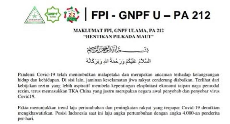 Hentikan Pilkada Maut. (Rilis FPI, GNPF Ulama, PA 212).
