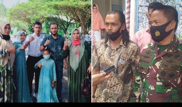 Foto (KIRI): Nurdin Ismail alias Din Minimi bersama anggota keluarga termasuk putranya yang lulus seleksi TNI-AD. (KANAN): Din Minimi bersama Pangdam IM Mayjen TNI Hassanuddin. (Sumber: Serambinews.com)