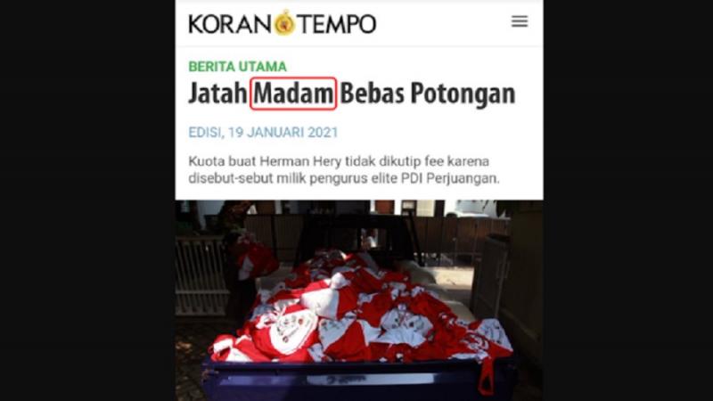 Soal Korupsi Bansos, Kini Muncul Istilah `Madam`, Diduga Petinggi PDIP. (Tempo).
