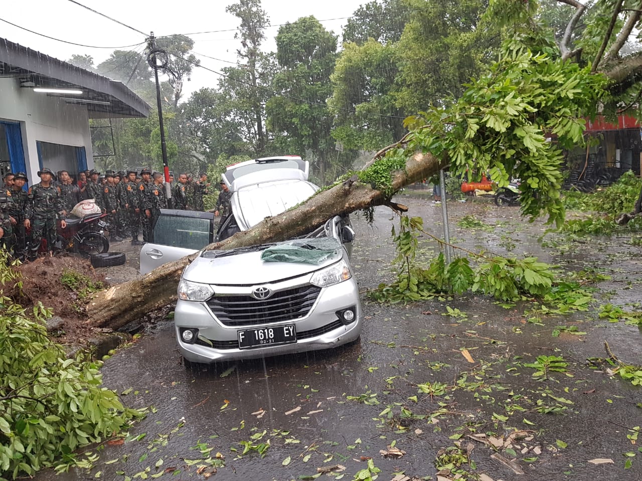 Mobil tertimpa pohon tumbang akibat puting beliung. Foto: BNPB